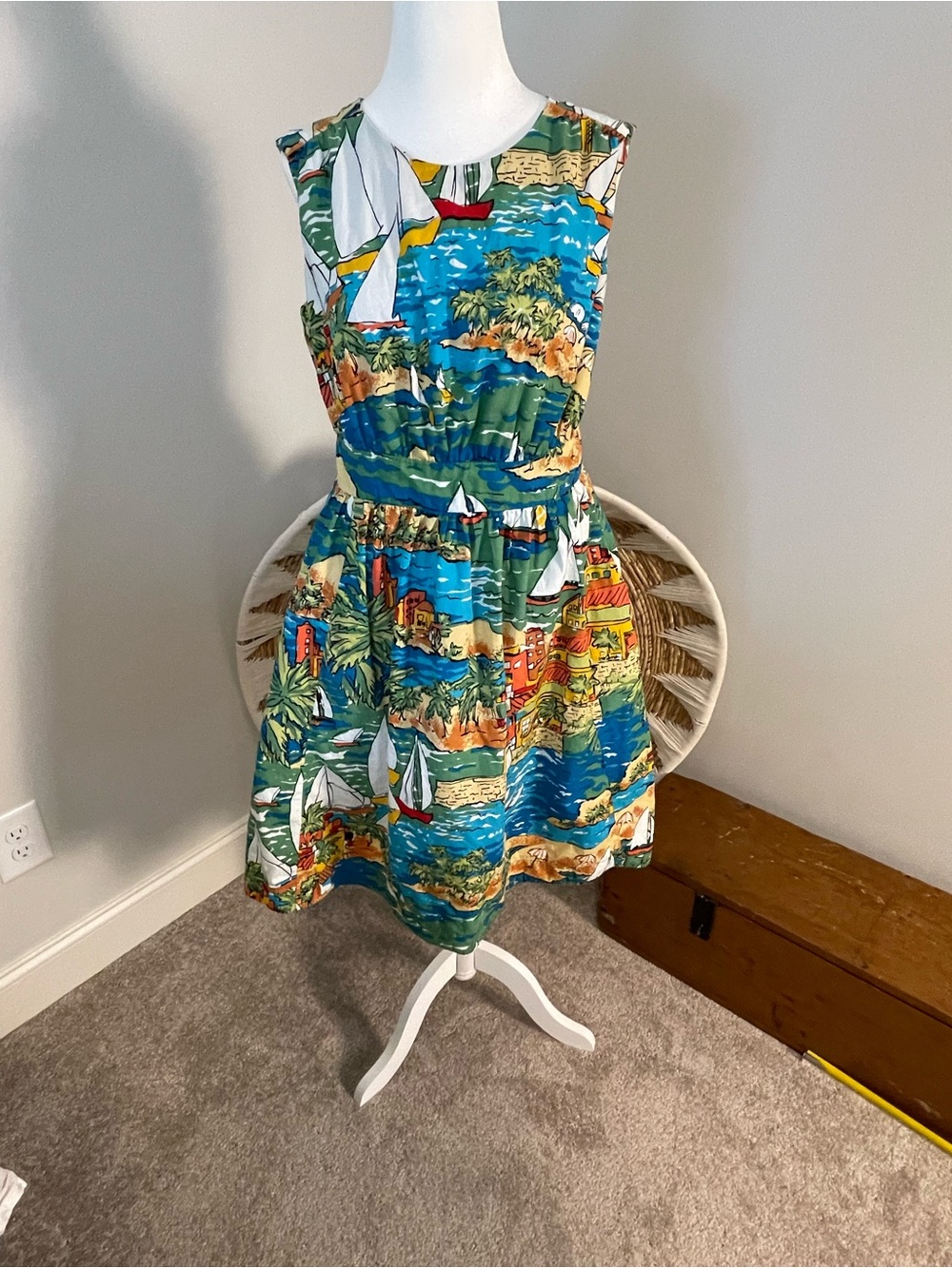 Sleeveless ocean/ sailboat Sundress in Blue and Green